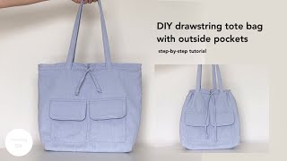 DIY drawstring tote bag  How to make drawstring tote bag with outside pocket [upl. by Dinnie]