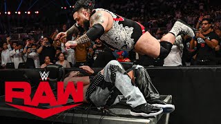 Bronson Reed Tsunamis Seth Rollins through the announce table Raw highlights Nov 4 2024 [upl. by Enixam]