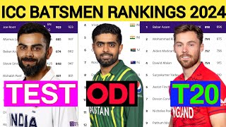 ICC Ranking 2024 Top 10 ODI Batsman Top 10 Test T20I Batsman  Cricket [upl. by Alleuqram]