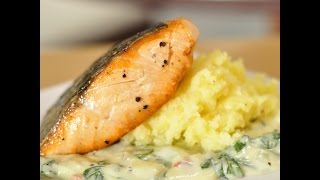 Crispy Skinned Salmon with Spinach Cream  Cooking [upl. by Ereveniug]