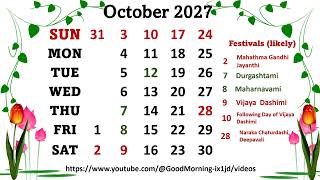 October Calendar 2027 octobercalendar2027 [upl. by Nelloc]