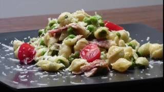 Super easy pasta with pancetta peas and mint recipe by foodCAST [upl. by Euqinomod354]