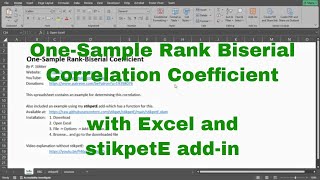 Excel  OneSample Rank Biserial Correlation Coefficient with stikpetE [upl. by Krenn]