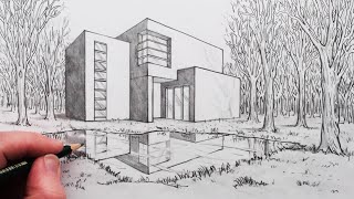 How to Draw a House in 2Point Perspective with Reflection in Landscape [upl. by Hercule]