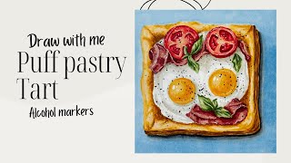 Draw with me Puff pastry tart illustration \ Realistic drawing \ Alcohol markers [upl. by Ddet522]