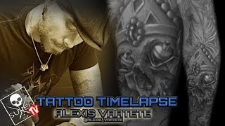 Tattoo Time Lapse  Alexis Vaatete  Tattoos Amazing Black and Grey Skull with Paint Influences [upl. by Assiralk]