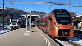 Ausfahrt des SOB Voralpen Express beim Bahnhof Wattwil [upl. by Ramon]