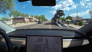 Tesla FSD 1236 repeats this drive through Phoenix goes around this truck thats in the way [upl. by Iuq]