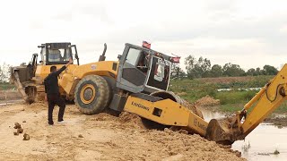 Incredible Recovery Soil Compactor Roller fail stuck off road pull out by Bulldozer amp Excavator [upl. by Chrystal]