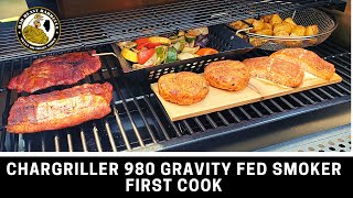 CharGriller 980 Gravity Fed Smoker  First Cook Salmon Pork Steaks Vegetables and Yukon Potatoes [upl. by Licec170]