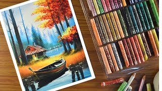 Oil Pastel Landscape Drawing  step by step  Forest cabin scenery Painting with Oil Pastel [upl. by Aitsirt]