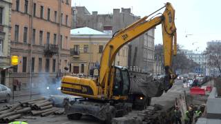 Excavator JCB JS 160 digging amp CAT 424D removing rock [upl. by Garv130]