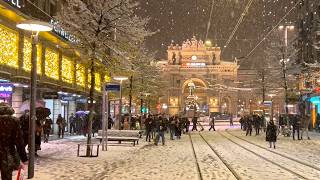 Zurich Heavy Snowfall Christmas lights walk 🌨 ❄️ Snowstorm 4K winter walking tour Switzerland 🇨🇭 [upl. by Teragram]