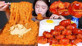 ASMR MUKBANG  보들보들 치즈볶음면 4봉지 🧀 양념 새우링 🍤🔥 먹방 Super Cheesy Ramen amp Spicy Fried Shrimp Ring [upl. by Myna]