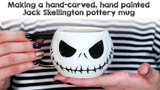 Making a pottery carved handpainted Jack Skellington mug tutorial [upl. by Eckblad715]