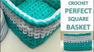 How to crochet PERFECT SQUARE BASKET tshirt yarn simple for beginners free written pattern [upl. by Black778]