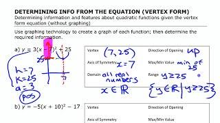 Info from Vertex Form Equation • Quadratic Functions 3a PreCalculus 11 [upl. by Weiner]