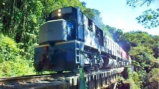 Trem Rumo Locotrol GT22 Carregado Descendo a Serra do Mar de Curitiba Paranaguá Cruzando a Ponte [upl. by Amoihc]