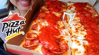 ASMR EATING Pizza Hut DETROIT STYLE DOUBLE CHEESY PEPPERONI PIZZA Eating sounds CAR Mukbang TWILIGHT [upl. by Aelak]