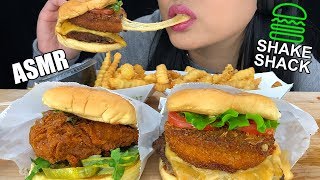 ASMR SHAKE SHACK EXTREMELY CHEESY SHROOM BURGER amp CRISPY CHICKEN BURGER  EATING SOUNDS  ASMR PHAN [upl. by Ahsart]