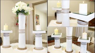 DIY TALL DOLLAR TREE CENTERPIECE  PILLAR CANDLEHOLDERS  RUSTIC DECOR  FARMHOUSE DECOR [upl. by Loraine]