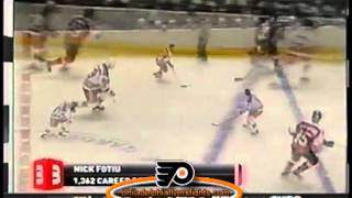 Ron Sutter buried by Nick Fotiu Philadelphia Flyers vs New York Rangers [upl. by Nosnorb]