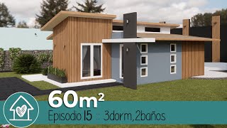 🔰 60m2  3 dormitorios 2 baños  Plano de Casa pequeña en 3D [upl. by Hcirdla]