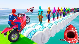 Superheroes on a motorcycle ride over the sea along the SpiderMan Bridge GTA 5 [upl. by Elylrac]