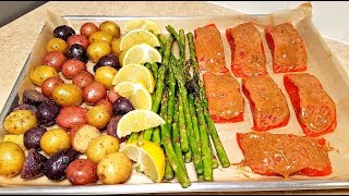 Easy Salmon One Pan Meal Prep  One Pan Salmon and Veggie Dinner  How to Cook Salmon [upl. by Aysahc]