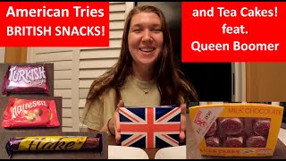 American Tries British Snacks and Tunnocks Tea Cakes for the First Time [upl. by Eicats]