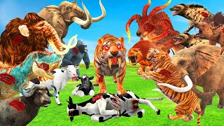 Big Tiger vs 10 Bulls Wolf Fight Hyena Attack Cow Calf Saved By Woolly Mammoth Animal Revolt [upl. by Earissed]