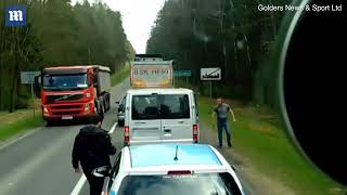 Man throws trash back at inconsiderate motorist who has chucked it out of his window [upl. by Ivar]