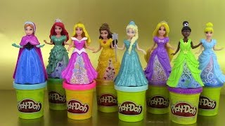 Play Doh Sparkle Princess Dresses Ariel Elsa Anna Tiana Rapunzel Magic Clip Dolls [upl. by Nere]