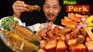 Naga Pork Grilled fish fried karela lude saag beetroot papaya mango mukbang [upl. by Ameehs92]