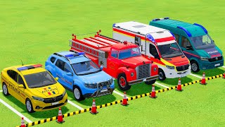 TRANSPORTING POLICE CARS FIRE DEPARTMENT AMBULANCE WITH SCANIA TRUCKS  Farming Simulator 22 [upl. by Deehan316]