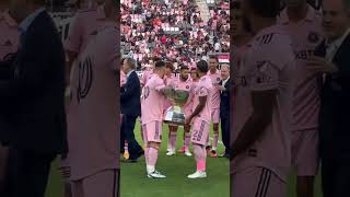 Messi and Yedlin present Inter Miamis Leagues Cup trophy to the home fans for the first time 🤝 [upl. by Bevers]