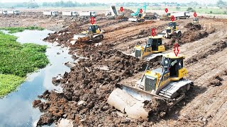 Wow Super Operator Bulldozer Moving Rolling Dirt Mud Huge Swamp Landfill Dump Truck Unloading [upl. by Skyler]