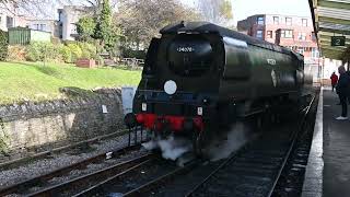 34070 Manston light engine at Swanage station Dorset [upl. by Ellinehc]