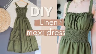 How To Make a Shirred Linen Maxi Dress with a Tiered Skirt  How to make Shirring  Owlipop DIY [upl. by Yate]