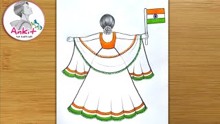 Independence Day Drawing Easy Steps  How to draw 15 august Drawing Easy Step  Girl Drawing  art [upl. by Kenny]