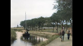 Take a trip on the last horsedrawn tow barge from Edam to Volendam in 1931 in color AI enhanced [upl. by Mulry]