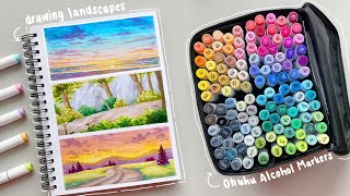 🌷drawing landscapes using alcohol markers 🌅 unboxing new art supplies ✨ ft ohuhu [upl. by Eiramave]