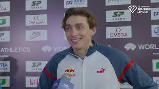 Mondo Duplantis Reacts to Nearly Breaking Pole Vault World Record Again at Shanghai Diamond League [upl. by Pinette]