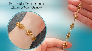 Boncuklu bileklik yapımı Kristal ve kum boncuklardan zarif bileklik Beaded bracelet tutorial [upl. by Elburt581]