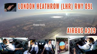 London Heathrow LHR  Pilots  cockpit view of early morning Airbus approach  landing runway 09L [upl. by Nabatse]