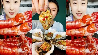 ASMR MUKBANG  Spicy Big Oysters  Red Shrimp Brain  Salmon  Seafood [upl. by Atneuqal]