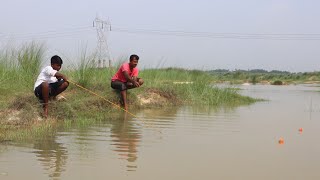 Fishing video✅ Two fisherman catching big fish with hook using small fish amp meat in village river [upl. by Llirred]