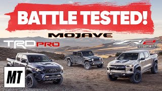 Truck Comparison Toyota Tacoma TRD Pro Vs Chevy Colorado ZR2 Bison Vs Jeep Gladiator Mojave [upl. by Odlaner890]