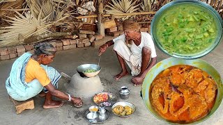 FISH CURRY and JHINGE POSTO recipe cooking ampeating by our grandma and grandpa [upl. by Birdella]