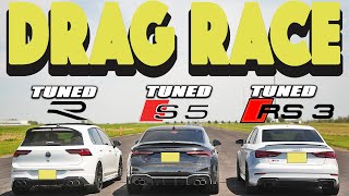 Tuned Germans Audi RS3 Tuned vs Audi S5 Tuned vs VW Golf R Tuned Drag and Roll Race [upl. by Jedd]